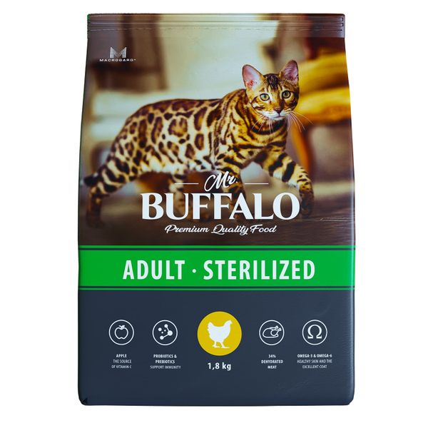 Корм сухой для кошек индейка Sterilized Mr.Buffalo 1,8кг