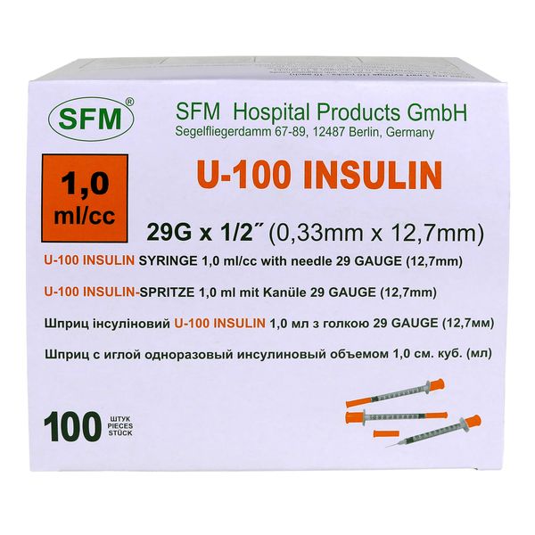 Шприц инсулиновый 3-х компонентный с иглой 29G U-100 SFM 0,33х12,7мм 1мл 10шт